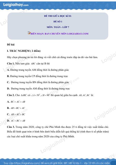 Đề thi giữa kì 2 Toán 7 - Đề số 1 - Cánh diều